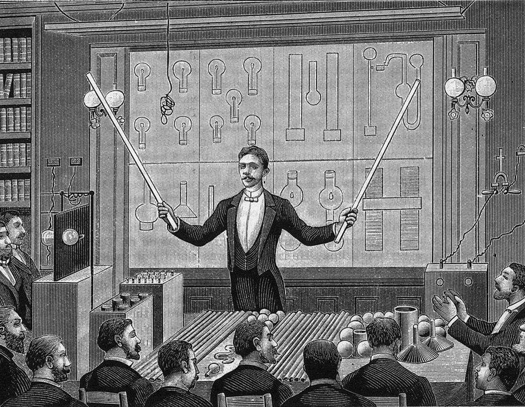 المخترع نيكولا تسلا (1856-1943) في محاضرة في باريس