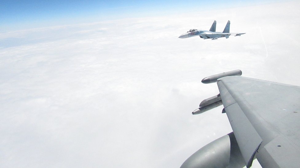 A Russian fighter jet photographed from a Nato Typhoon